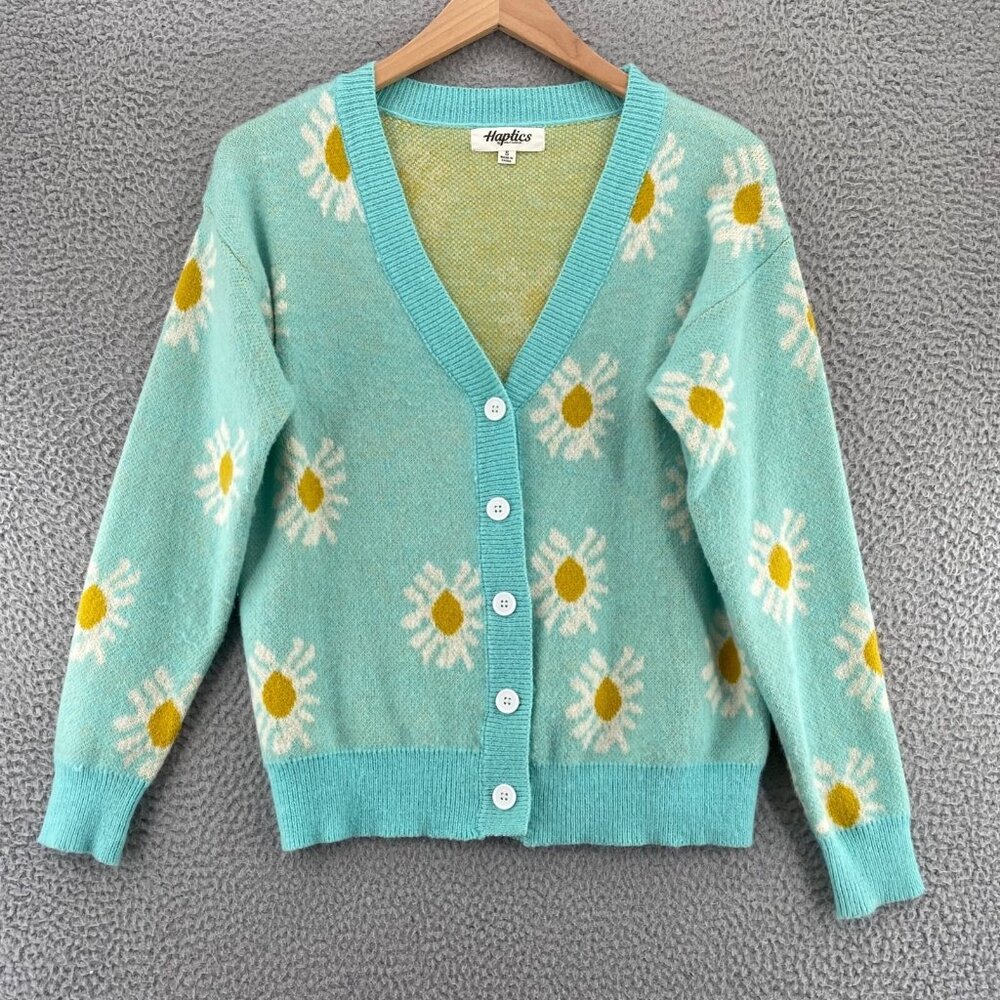 Haptics Sweater Womens Small Blue Daisy Button Up Cardigan Stretch Knit Happy